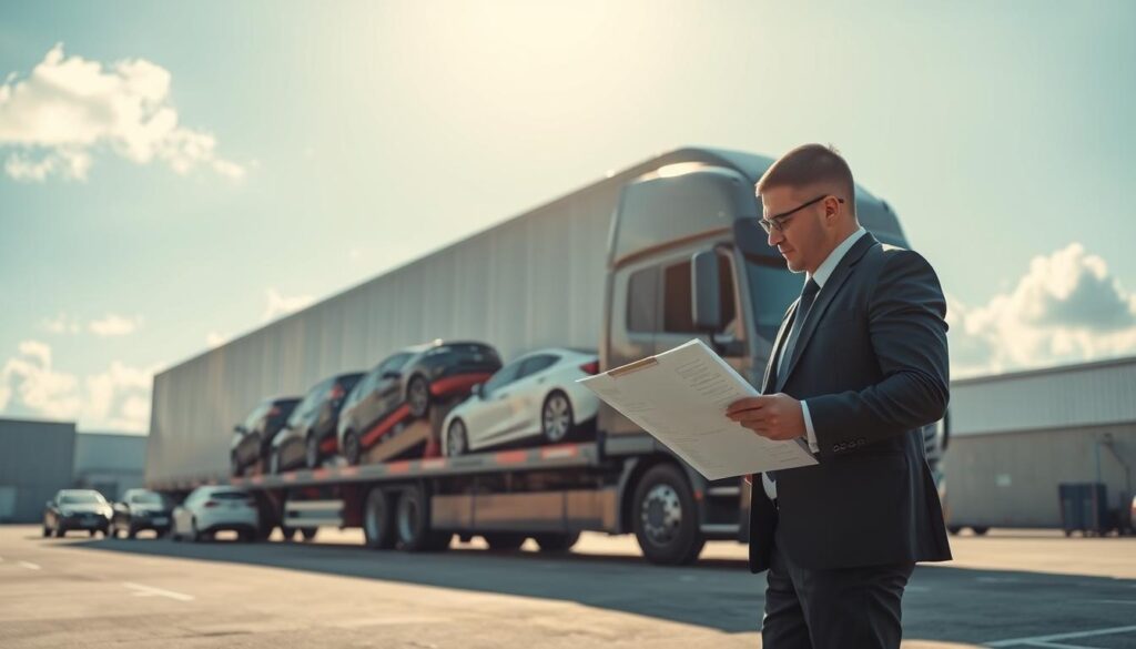 A trusted carrier shipping scene depicting a large, efficient auto transport truck loaded with a variety of cars, parked in a well-organized logistics hub. In the foreground, a professional businessperson in a suit examines a shipping plan while holding a clipboard, showcasing attention to detail. The middle ground features the truck with a clean, modern design, highlighting its capabilities, along with neatly arranged vehicles ready for shipping. In the background, a bright blue sky and soft clouds create an optimistic atmosphere, while the sun casts warm, natural lighting over the entire scene, emphasizing reliability and safety. The overall mood is one of professionalism and trust, reflecting the essence of safe and reliable auto transport across Canada. A trusted carrier shipping scene depicting a large, efficient auto transport truck loaded with a variety of cars, parked in a well-organized logistics hub. In the foreground, a professional businessperson in a suit examines a shipping plan while holding a clipboard, showcasing attention to detail. The middle ground features the truck with a clean, modern design, highlighting its capabilities, along with neatly arranged vehicles ready for shipping. In the background, a bright blue sky and soft clouds create an optimistic atmosphere, while the sun casts warm, natural lighting over the entire scene, emphasizing reliability and safety. The overall mood is one of professionalism and trust, reflecting the essence of safe and reliable auto transport across Canada.