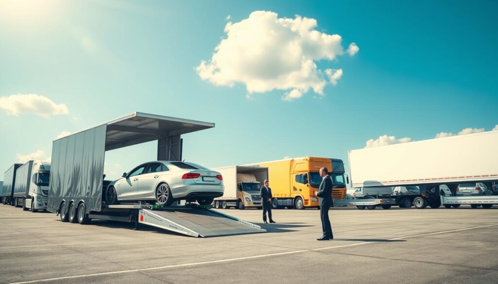 A variety of car transport vehicles lined up on a sunny day at a logistics yard, showcasing different types such as open car carriers, enclosed transport trucks, and flatbed trailers. In the foreground, a sleek open car carrier is loading a luxury sedan with professionals in smart business attire supervising the process. The middle ground displays various transport vehicles, some equipped with ramps and others showcasing their unique features for different budgets and car sizes. In the background, a clear blue sky provides a bright, uplifting atmosphere, with a few fluffy clouds adding depth. The scene is captured from a slightly elevated angle, emphasizing the efficiency and organization of the transport operation, with soft, natural lighting highlighting the vehicles' details and colors.
