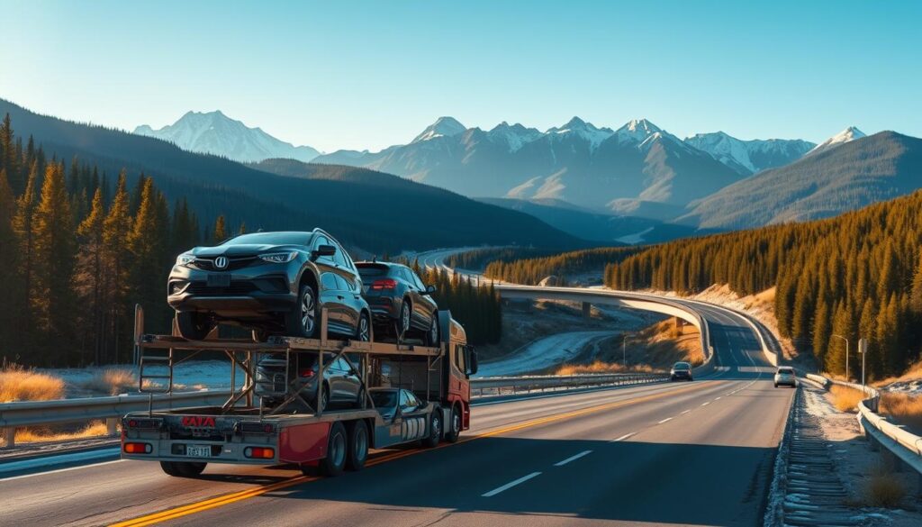 A vast Canadian landscape showcasing vehicle transport in action. In the foreground, a modern car carrier truck loaded with vehicles, gleaming under soft, warm sunlight. The middle layer features a winding highway dotted with cars and a beautifully designed overpass, emphasizing movement. In the background, majestic mountains and expansive forests display Canada's natural beauty and vastness. The scene captures a clear blue sky, indicating good weather for travel and transport. Use a wide-angle lens for a dynamic perspective that highlights both the vehicles and the landscape. The overall mood is professional and safe, reflecting the reliability of automobile transportation services across Canada.