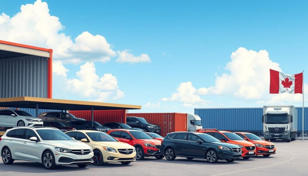 A vibrant and informative illustration depicting various car shipping options available for different vehicles and budgets. In the foreground, showcase a range of vehicles, including sedans, SUVs, and trucks, on a well-organized car shipping dock. The middle ground features shipping containers and transport trailers, emphasizing efficiency and reliability. In the background, display a clear blue sky with a few fluffy clouds, enhancing the atmosphere of a dependable shipping service. Use soft, natural lighting to convey a sense of trust and professionalism. Capture the scene from a slightly elevated angle to provide a comprehensive view. The overall mood should be inviting and reassuring, reflecting the affordable and diverse options available for car shipping to Canada without any text or distractions.