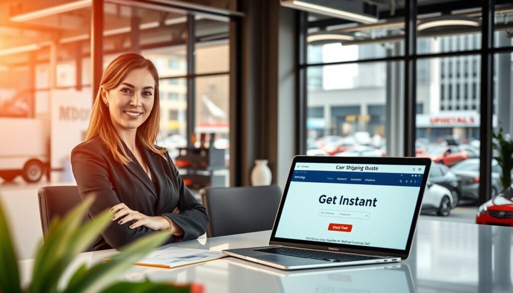 A vibrant and modern office environment as the foreground, featuring a confident professional woman in business attire, seated at a sleek desk with a laptop open, displaying a webpage titled “Get Instant Quote.” The middle ground showcases a well-organized workspace with automotive-themed decor, such as model cars and shipping logistics charts. The background reveals large windows with a view of busy city streets and an assortment of parked cars, hinting at car transport services. Natural light pours in, creating a warm and inviting atmosphere. Use a shallow depth of field for focus on the woman and the laptop screen, with a soft, blurred background to enhance clarity. The overall mood is professional yet approachable, embodying the ease and efficiency of obtaining car shipping quotes.
