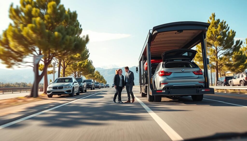A vibrant car shipping scene set on a bustling highway under a bright blue sky. In the foreground, a modern car carrier truck loaded with various vehicles, including a sleek sedan, a rugged SUV, and a classic convertible, is parked beside a well-maintained rest area. The middle ground showcases a few travelers in professional attire loading their belongings into the car's trunk, suggesting the transition of moving states. Tall trees line the roadside, with a hint of distant mountains adding depth to the background. Soft, natural lighting brightens the scene, casting gentle shadows, while the angle captures the perspective from an approaching vehicle, emphasizing motion and reliability in auto transport. The mood is efficient and reassuring, highlighting the importance of choosing car shipping for long-distance travel.
