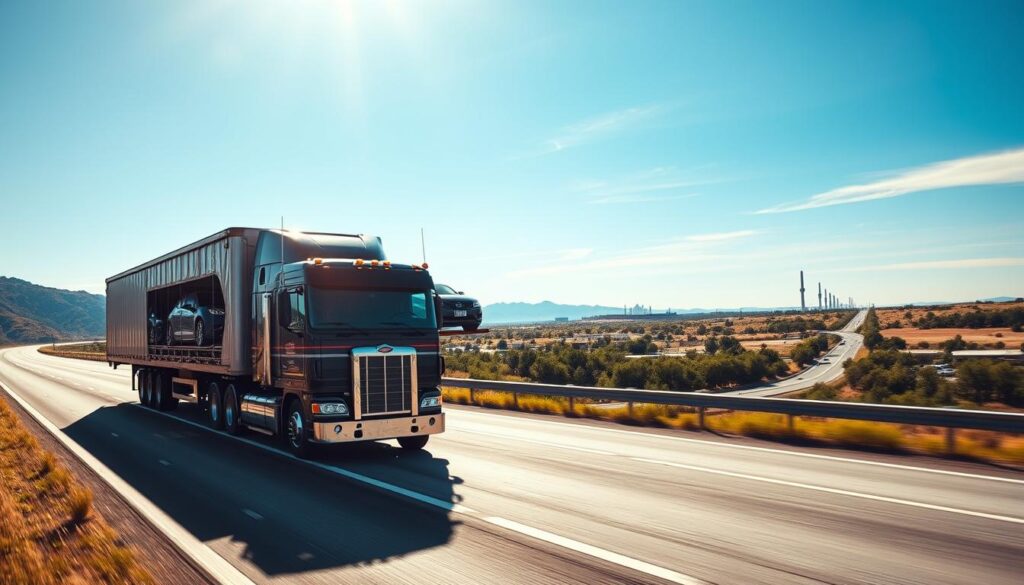 A vibrant, detailed scene of a reliable auto transport truck on a highway traversing the American landscape, with a clear blue sky and gentle sunlight illuminating the scene. In the foreground, showcase the truck, fully loaded with several cars securely fastened, demonstrating safety and professionalism. In the middle ground, include a stretch of highway with roadside greenery and American landmarks or mountains in the distance, symbolizing the vastness of the United States. The lighting should evoke a warm, optimistic atmosphere, perfect for a trustworthy service. The angle should be slightly elevated, capturing both the truck and the scenic backdrop effectively, creating a mood of dependability and service excellence.