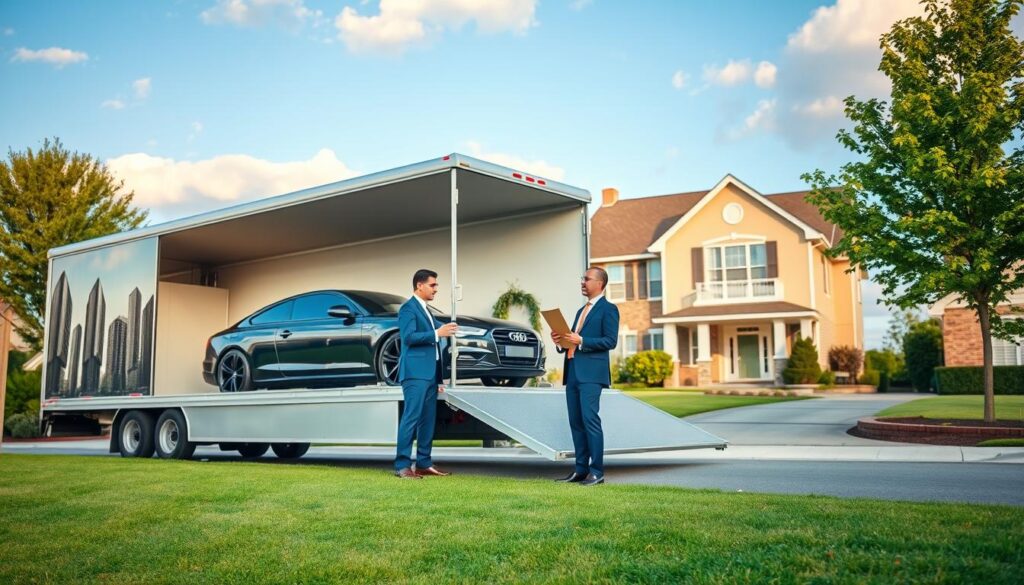 A vibrant scene depicting a professional automobile moving company conducting door-to-door vehicle transport. In the foreground, a sleek truck with an open trailer showcases a couple of well-maintained cars, illustrating the transport process. Two professionals dressed in smart business attire discuss logistics beside the truck, emphasizing the service aspect. In the middle ground, a suburban neighborhood is visible, with a welcoming home and a driveway, symbolizing a residential pickup. The background features a clear blue sky with soft clouds, enhancing the serene atmosphere. Use warm, natural lighting to create an inviting mood. The angle should be slightly elevated, capturing both the vehicle transport and the domestic setting, with a focus on professionalism and care in the automobile moving process. A vibrant scene depicting a professional automobile moving company conducting door-to-door vehicle transport. In the foreground, a sleek truck with an open trailer showcases a couple of well-maintained cars, illustrating the transport process. Two professionals dressed in smart business attire discuss logistics beside the truck, emphasizing the service aspect. In the middle ground, a suburban neighborhood is visible, with a welcoming home and a driveway, symbolizing a residential pickup. The background features a clear blue sky with soft clouds, enhancing the serene atmosphere. Use warm, natural lighting to create an inviting mood. The angle should be slightly elevated, capturing both the vehicle transport and the domestic setting, with a focus on professionalism and care in the automobile moving process.