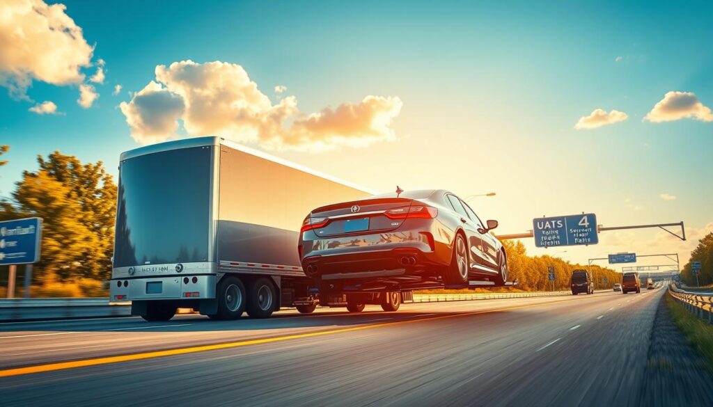 A vibrant scene depicting a reliable auto transport service in action across the United States. In the foreground, a sleek, advanced car carrier truck is loading a shiny, modern sedan, showcasing the logistics of vehicle hauling. The middle ground features a bustling highway, lined with lush green trees and roadside signage indicating various U.S. cities, symbolizing the nationwide reach. In the background, a clear blue sky hints at a bright day, with a few fluffy clouds adding to the atmosphere. Warm lighting enhances the scene, with late afternoon sun casting soft shadows. The mood conveys professionalism and trust, representing a dependable vehicle hauling provider. The angle captures the dynamic movement of the truck, emphasizing speed and efficiency.