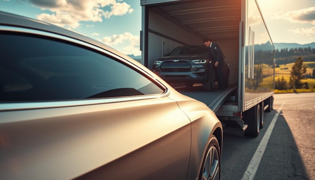 A vibrant scene depicting a vehicle shipping process focused on a sleek car being loaded onto a modern transport truck. In the foreground, the car's polished body glistens under soft sunlight, emphasizing its pristine condition. The middle ground showcases the professional driver, dressed in a uniform, carefully guiding the vehicle onto a state-of-the-art transport ramp. In the background, a scenic view of Canada’s lush landscape with rolling hills and pine trees frames the scene, hinting at the destination. The lighting is warm and inviting, casting gentle shadows, while the angle captures the action from a slight elevation, conveying a sense of professionalism and trust in the auto transport service. The overall atmosphere is efficient and reassuring, highlighting the care taken in vehicle shipping.