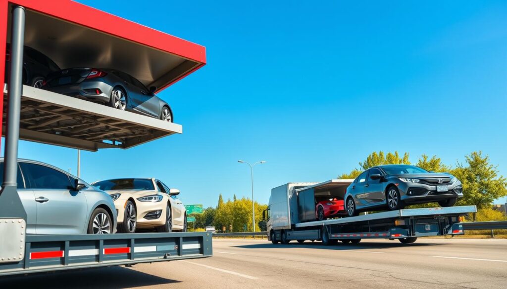 A vibrant scene depicting open-air car carriers transporting various vehicles, set against a backdrop of a clear blue sky. In the foreground, two modern open-air carriers loaded with a range of cars, including sedans, SUVs, and a classic convertible, showcase the diversity of vehicle shipping options. The middle ground features a well-maintained highway, flanked by green trees and professional signage indicating a safe and efficient car shipping route. The lighting is bright and natural, creating a cheerful and optimistic mood. Use a slightly elevated angle to give a comprehensive view of the carriers and vehicles, emphasizing the reliability and accessibility of car shipping services in Canada. The atmosphere conveys professionalism and trust, ideal for conveying budget-friendly options for car shipping.