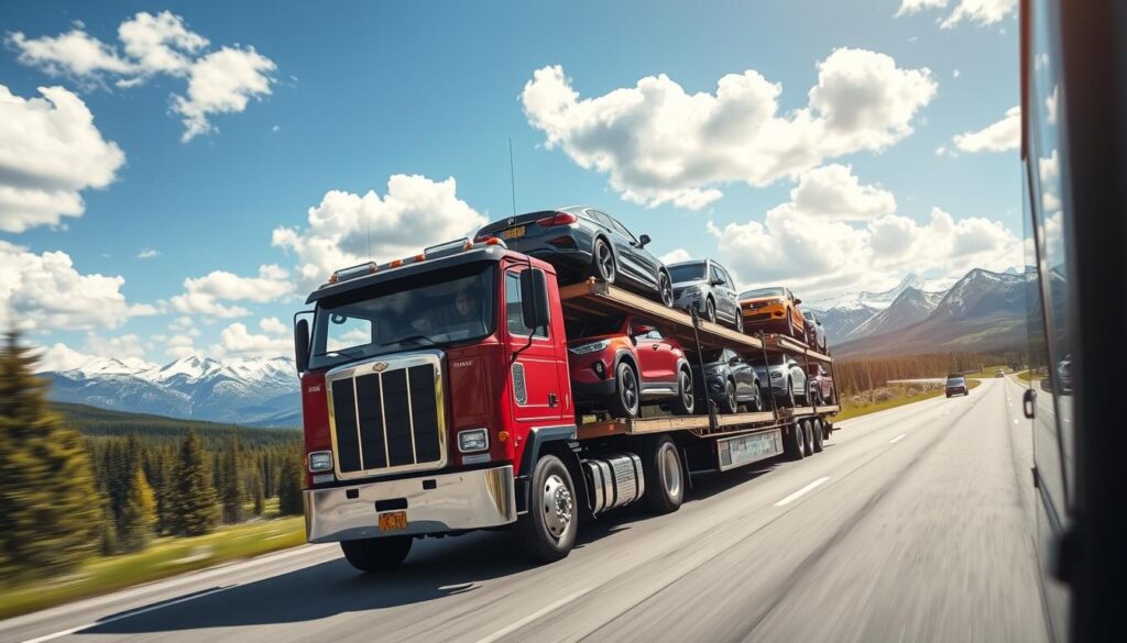A vibrant scene depicting vehicle shipping across Canada, featuring a transport truck loaded with various cars, including SUVs and sedans, traveling along a scenic highway. In the foreground, the truck is shown in sharp detail, with the driver visible, dressed in a smart uniform, focused on the road. The middle ground showcases a beautiful Canadian landscape with pine forests and rolling hills beneath a blue sky dotted with fluffy white clouds. The background reveals snow-capped mountains, emphasizing the vastness of the terrain. The lighting is bright and cheerful, suggesting a sunny day, while the angle captures the truck in dynamic motion, creating a sense of reliability and safety. The overall mood emanates professionalism and trustworthiness in vehicle transport services. A vibrant scene depicting vehicle shipping across Canada, featuring a transport truck loaded with various cars, including SUVs and sedans, traveling along a scenic highway. In the foreground, the truck is shown in sharp detail, with the driver visible, dressed in a smart uniform, focused on the road. The middle ground showcases a beautiful Canadian landscape with pine forests and rolling hills beneath a blue sky dotted with fluffy white clouds. The background reveals snow-capped mountains, emphasizing the vastness of the terrain. The lighting is bright and cheerful, suggesting a sunny day, while the angle captures the truck in dynamic motion, creating a sense of reliability and safety. The overall mood emanates professionalism and trustworthiness in vehicle transport services.