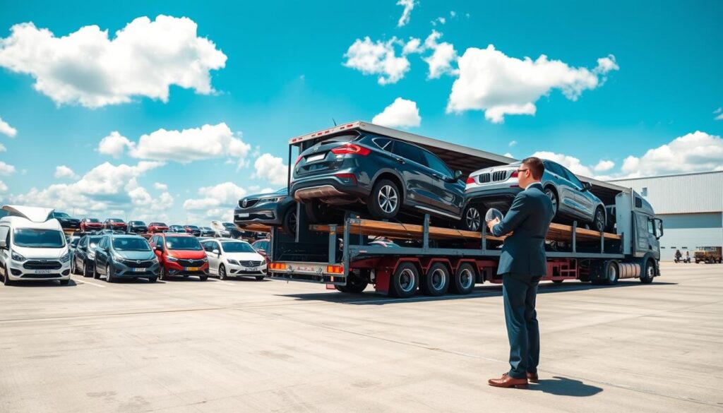 A vibrant scene of a modern vehicle shipping facility, showcasing an array of cars being loaded onto a large transport truck. In the foreground, a professional in business attire is inspecting the vehicles, ensuring they are securely fastened. The middle ground features multiple transport vehicles lined up, with various makes and models of cars visible, highlighting the diversity of auto shipping services. In the background, a clear blue sky complements the white clouds, while a distant warehouse is visible, emphasizing a clean, organized environment dedicated to safety and efficiency. The lighting is bright and natural, suggesting a sunny day, and the angle is slightly elevated, providing a comprehensive view of the intricate shipping operations. The overall mood conveys reliability, professionalism, and peace of mind in car transport.