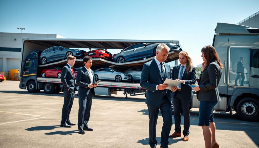 A vibrant scene of vehicle shipping at a logistics yard, showcasing various cars loaded onto a large transport truck. In the foreground, a diverse group of professional individuals dressed in business attire are discussing shipment details with a sleek tablet in hand, emphasizing the calculation aspect of vehicle shipping quotes. The middle ground features the transport truck filled with colorful cars, demonstrating different models ready for shipment. The background includes a clear blue sky and modern storage facilities, creating a clean and organized atmosphere. The lighting is bright and natural, suggesting a sunny day, with shadows falling realistically to enhance the scene. Capture the efficiency and professionalism of the vehicle shipping process, reflecting a sense of trust and reliability. A vibrant scene of vehicle shipping at a logistics yard, showcasing various cars loaded onto a large transport truck. In the foreground, a diverse group of professional individuals dressed in business attire are discussing shipment details with a sleek tablet in hand, emphasizing the calculation aspect of vehicle shipping quotes. The middle ground features the transport truck filled with colorful cars, demonstrating different models ready for shipment. The background includes a clear blue sky and modern storage facilities, creating a clean and organized atmosphere. The lighting is bright and natural, suggesting a sunny day, with shadows falling realistically to enhance the scene. Capture the efficiency and professionalism of the vehicle shipping process, reflecting a sense of trust and reliability.