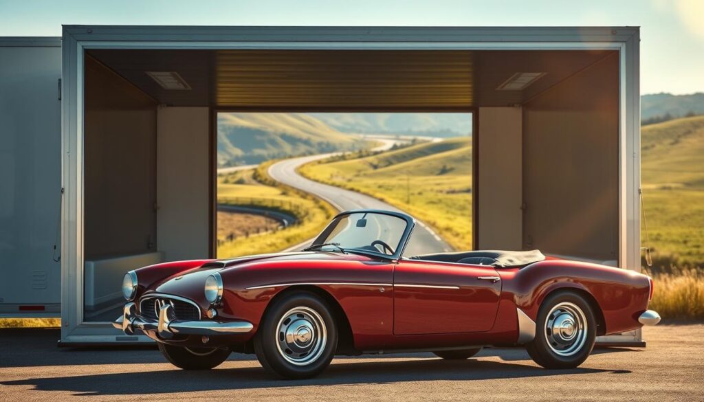 A vintage classic car, gleaming in sunlight, parked in front of an enclosed auto transport trailer. The car is a sleek, polished convertible with a rich burgundy finish and chrome accents, showcasing its elegant curves. In the foreground, the trailer's opening doors are slightly ajar, hinting at the vehicle's secure interior. The background features a scenic view of a winding road through lush green hills, symbolizing the journey ahead. Soft, warm lighting enhances the nostalgic feel, and a slight lens flare adds a dreamy quality. The atmosphere is inviting, conveying both safety and luxury, ideal for car enthusiasts considering enclosed shipping for their prized vehicles.