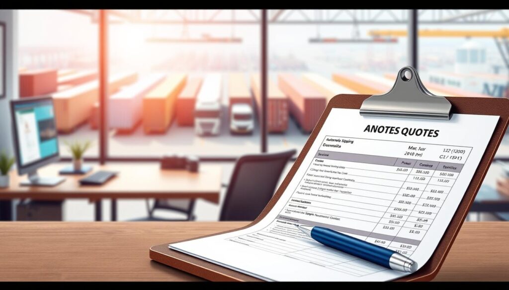 A visually appealing, professional illustration showcasing automobile shipping quotes. In the foreground, a clipboard with a detailed quote document, featuring a list of services and prices, neatly arranged with a pen beside it. In the middle ground, an office setting with a modern desk, computer displaying shipping logistics software, and a model car symbolizing transportation. In the background, a large window with a view of shipping containers and trucks in a bustling transport yard, bathed in natural daylight for a bright, inviting atmosphere. The scene should evoke professionalism and clarity, with a slight focus blur on the background to emphasize the clipboard and document. The overall mood is focused and informative, suitable for a business context.