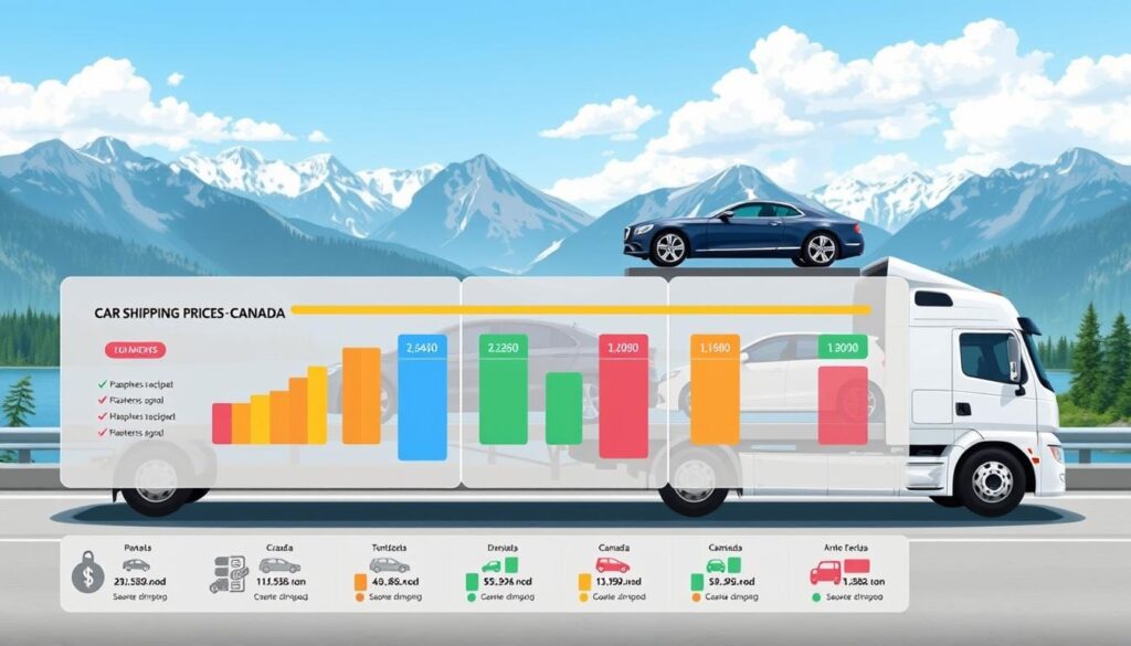 A visually compelling illustration showcasing a comparison of car shipping prices in Canada. In the foreground, feature a clear, modern infographic with various price ranges for car shipping, creatively displayed in colorful charts and icons representing different vehicles. In the middle ground, depict a sleek, professional-looking vehicle transport truck, loaded with cars, symbolizing the auto transport service. In the background, include a scenic Canadian landscape with recognizable elements like mountains or forests, suggesting the geographical context. Use natural daylight to illuminate the scene, enhancing the clarity of the infographic and bringing a sense of reliability and professionalism to the image. The overall atmosphere should be informative and engaging, creating a visual resource for understanding car shipping costs.