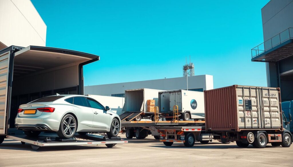 A visually engaging image depicting various car shipping options, set in a modern logistics hub. In the foreground, a sleek car is being loaded onto an open car carrier, showcasing the method of transport. In the middle ground, various car shipping options are illustrated: an enclosed carrier, a flatbed truck, and a shipping container, all positioned strategically to illustrate style and protection variations. The background features a bustling loading dock with shipping crates and vehicles, along with clear blue skies contributing to a bright atmosphere. The lighting is bright and natural, imbuing the scene with a sense of reliability and professionalism. The mood is informative and trustworthy, appealing to those considering their car shipping options.