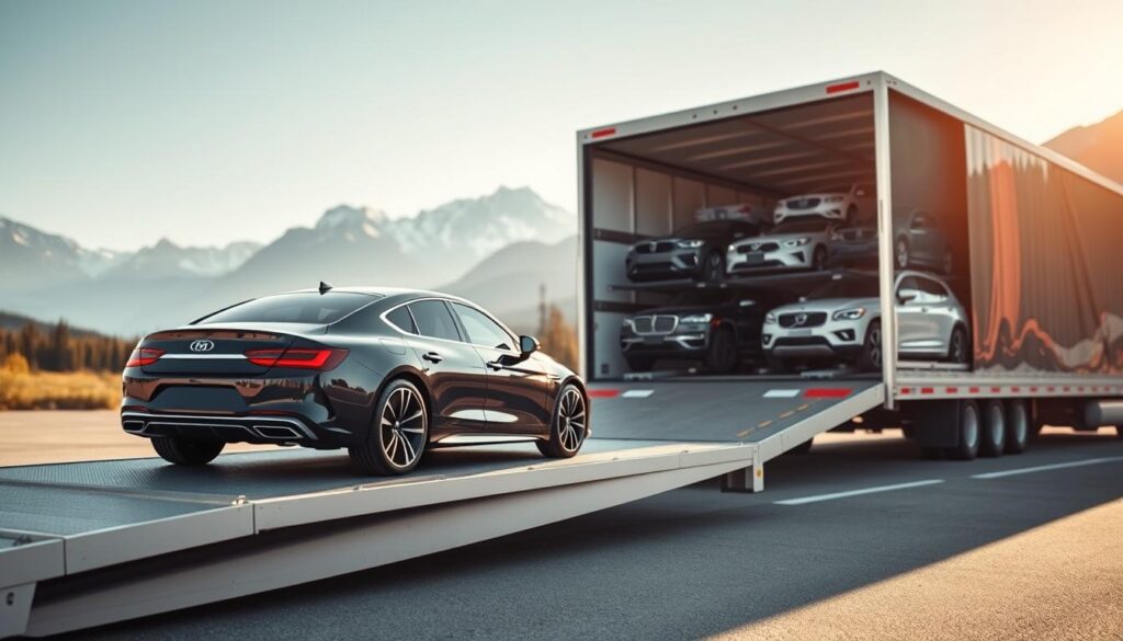 A visually engaging image showcasing the concept of car shipping costs in Canada. In the foreground, a sleek, modern car is placed on a loading ramp, symbolizing the shipping process. The middle ground features a well-organized car transport trailer loaded with various vehicles, emphasizing the logistics of auto transport. In the background, a Canadian landscape is visible, with tall mountains and lush forests, suggesting the beautiful terrains that are part of the delivery route. Soft morning light casts gentle shadows, creating a warm and inviting atmosphere. The angle is slightly elevated, providing a clear view of the car transport scene. This image reflects professionalism and clarity, perfect for illustrating car shipping costs.