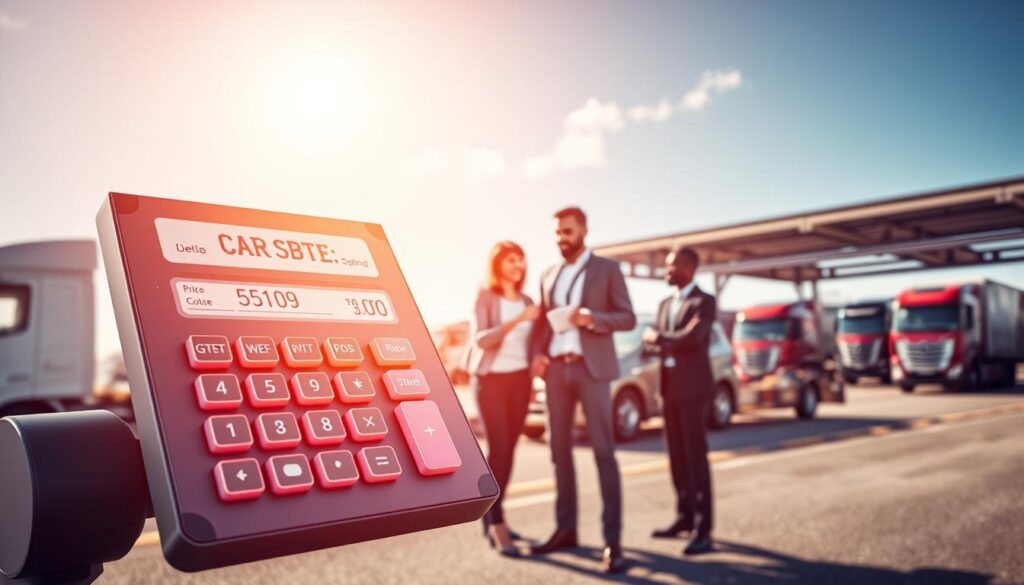 A visually striking image illustrating the concept of a car shipping price calculator. In the foreground, show a detailed, modern digital price calculator with the interface displaying a car shipping quote, featuring a sleek design and vibrant colors. The middle section should include a diverse group of three professionals in business attire, actively discussing the quote while pointing at the calculator, conveying collaboration. In the background, depict a busy scene of a car transport terminal with various vehicles loaded onto transport trucks, under a bright, sunny sky that casts soft, natural lighting across the composition. The mood should be professional yet inviting, reflecting innovation in the car shipping industry.