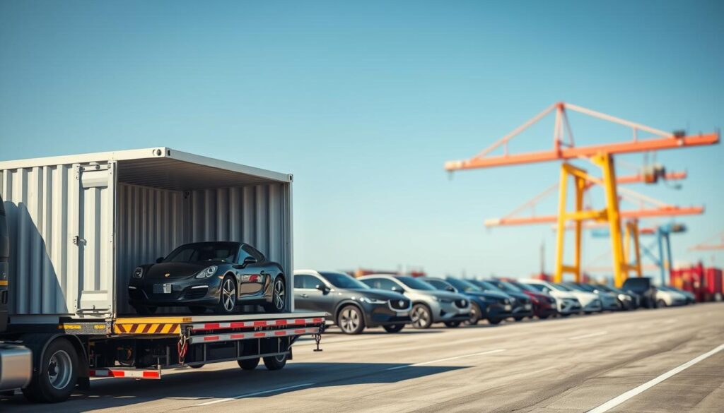 A visually striking scene featuring a modern car shipping container parked on a secure transport truck, prominently placed in the foreground. In the middle ground, several vehicles are lined up for transport, showcasing various makes and models, indicating a reliable car shipping process. The background features a clear blue sky, with shipping docks and cranes subtly blurred to imply a busy logistics hub. The lighting should be bright and natural, capturing the essence of a sunny day. Use a wide-angle lens to create a dynamic perspective, evoking feelings of trust and professionalism. The atmosphere should feel organized and efficient, reflecting the importance of careful consideration before shipping a vehicle across state lines. The overall composition should remain clean and focused, with no text or distractions.