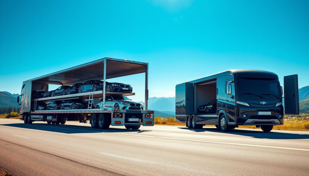 A vivid and professional illustration contrasting open transport and enclosed auto shipping for vehicles in Canada. In the foreground, showcase an elegant open transport truck carrying several cars under a clear blue sky, emphasizing the exposed vehicles. In the middle ground, depict a sleek enclosed carrier with its doors partially open, revealing luxury cars inside, protected from the elements. The background features a serene Canadian landscape, with distant mountains and lush greenery, under soft, natural lighting. Use a low angle to enhance the imposing presence of the trucks, creating a sense of grandeur and professionalism. The overall mood should convey security and reliability, highlighting the advantages of enclosed transport in vehicle shipping.