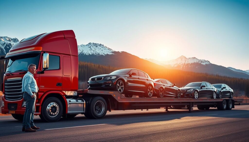 A vivid scene depicting a reliable auto shipping service in Canada. In the foreground, a professional truck driver in casual business attire inspects a brightly painted rig parked next to a sleek, shiny car ready for transport. In the middle ground, several cars are lined up on a flatbed trailer, showcasing a variety of vehicles, including a sedan, an SUV, and a vintage car, all secured for safe transport. The background features a scenic Canadian landscape with snow-capped mountains and lush green forests, under a clear blue sky. The lighting is warm, suggesting a late afternoon sun, creating a hopeful and trusting atmosphere. The perspective is slightly elevated, giving an overview of the shipping process while emphasizing the professionalism and reliability of the service.