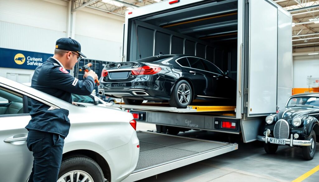 A well-organized auto transport service scene featuring a variety of vehicles being loaded onto a modern car carrier truck. In the foreground, a professional driver in a smart uniform is carefully securing a luxury sedan onto the transport trailer with precision tools. The middle ground shows additional vehicles waiting to be loaded, including an SUV and a classic car, reflecting the range of transport services offered. The background reveals a clean and efficient warehouse facility, with cargo containers and signage that indicate safety and professionalism. Bright, natural lighting enhances the sense of trust and reliability, while the angle captures the dynamic process of vehicle loading, emphasizing customer satisfaction and personalized service in auto transport.