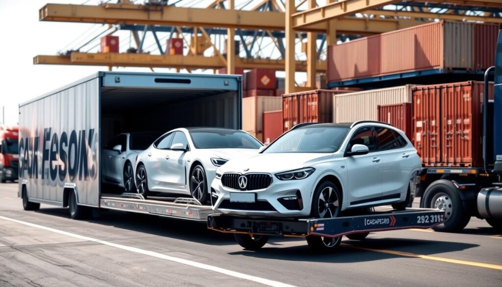 A well-organized car shipping logistics scene showcasing various shipping options. In the foreground, a pristine, enclosed car carrier loaded with luxury vehicles, emphasizing protection during transport. In the middle ground, an open car transporter with a couple of standard vehicles, with an emphasis on affordability and efficiency. In the background, a bustling shipping terminal with trucks maneuvering and containers stacked, illustrating the scale of vehicle shipping. The lighting is bright and natural, suggesting a clear day, while the angle captures the entire scene from a slightly elevated view to portray depth. The mood is professional and informative, reflecting the various choices available in auto transport services without any distractions. A well-organized car shipping logistics scene showcasing various shipping options. In the foreground, a pristine, enclosed car carrier loaded with luxury vehicles, emphasizing protection during transport. In the middle ground, an open car transporter with a couple of standard vehicles, with an emphasis on affordability and efficiency. In the background, a bustling shipping terminal with trucks maneuvering and containers stacked, illustrating the scale of vehicle shipping. The lighting is bright and natural, suggesting a clear day, while the angle captures the entire scene from a slightly elevated view to portray depth. The mood is professional and informative, reflecting the various choices available in auto transport services without any distractions.