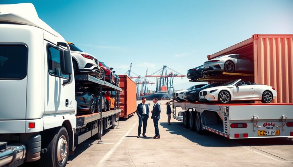 A well-organized scene depicting various vehicle transport options for professionals considering car shipping. In the foreground, visualize a sleek car carrier truck with several vehicles secured on the back, showcasing both luxury and standard cars. The middle ground highlights a busy shipping terminal, featuring a shipping container and a platform for loading vehicles, with a few professionals in business attire discussing logistics. In the background, a clear blue sky with a distant view of a port and cranes suggests a vibrant transport industry. The lighting is bright and sunny, creating an optimistic atmosphere. Use a slight aerial angle to capture the entire scene in detail, emphasizing the scale and variety of car transport options.