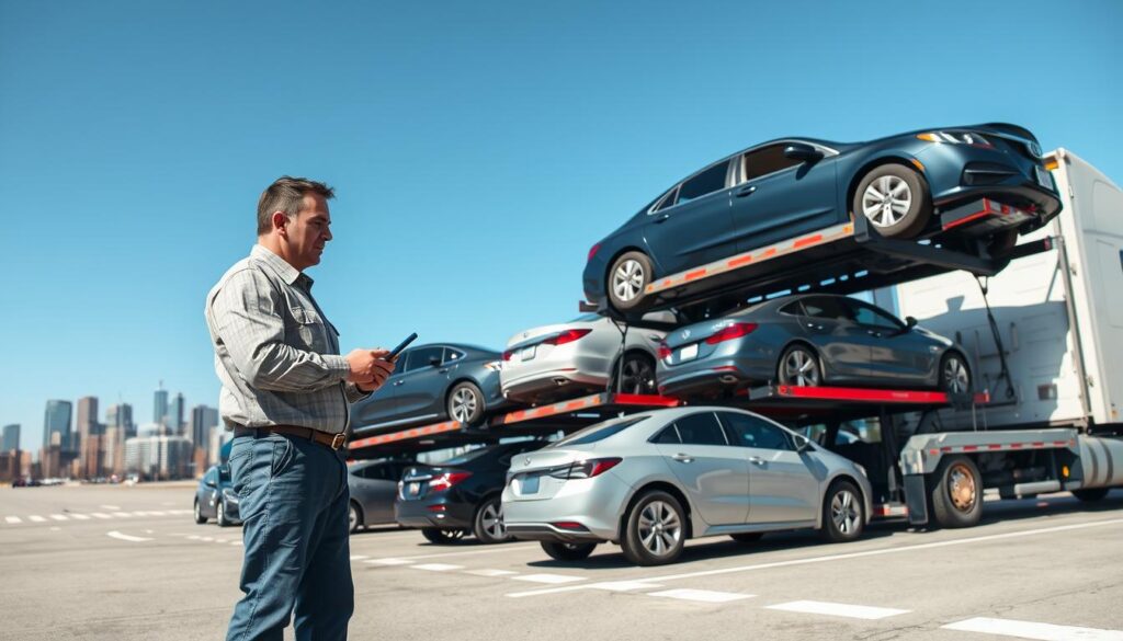 A well-organized vehicle transport scene depicting a car shipping process in a busy urban setting in Canada. In the foreground, a professional auto transport driver, dressed in modest casual clothing, inspects a shiny sedan on a multi-level car carrier truck. The middle ground features the truck dual-parked beside a loading zone, with various vehicles ready for shipment, including SUVs and sedans. In the background, the skyline of a Canadian city is visible under a clear blue sky, hinting at the transport's destination. The scene is illuminated by bright daylight, creating a vibrant and energetic atmosphere, emphasizing efficiency and reliability in auto transport. A wide-angle perspective captures the scale of the operation while maintaining clarity on the details of the cars and the driver’s focused expression.