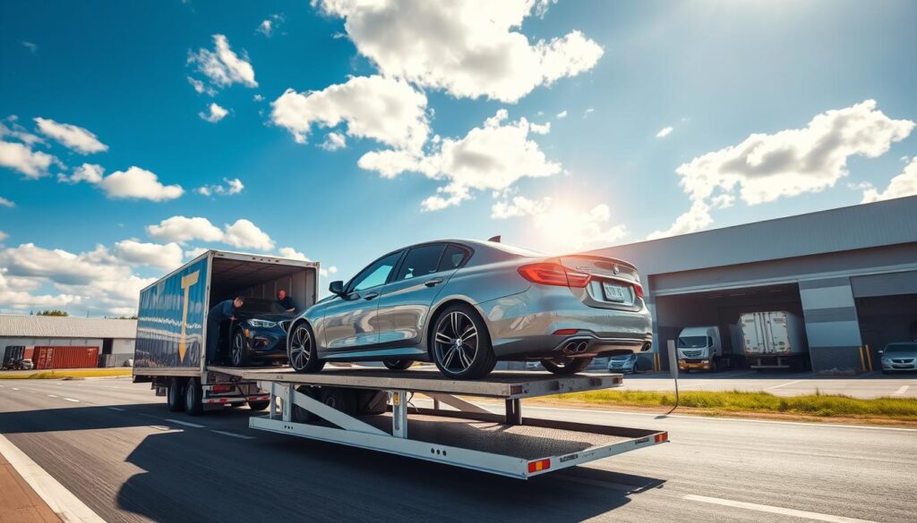 A well-organized vehicle transport scene depicting a modern car shipping process. In the foreground, a sleek, shiny vehicle is being loaded onto an open car carrier truck, showcasing professional handlers in business attire carefully securing the car. In the middle ground, the truck is situated on a sunny highway, emphasizing speed and reliability, with deep blue skies and scattered clouds overhead. The background features a glimpse of a busy logistics facility, complete with storage containers and efficient operations, conveying an atmosphere of safety and professionalism. The lighting is bright and natural, with a slight lens flare to add vibrancy, creating an optimistic and reassuring mood around vehicle shipping services dedicated to peace of mind in Canada.