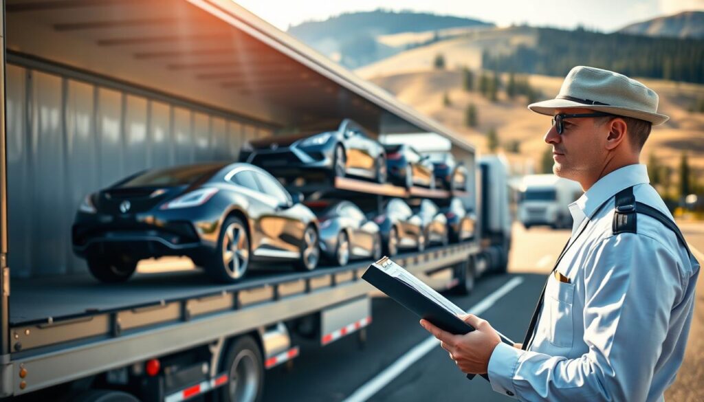 A wide-angle view of a bustling automobile transport scene in Canada, showcasing a large, enclosed car carrier truck loaded with various luxury vehicles, glistening under soft, natural sunlight. In the foreground, a professional driver in a neatly pressed uniform inspects the truck with a clipboard, ensuring safety and compliance. The middle ground features the transport truck parked next to a modern loading facility, with rolling hills and trees in the background symbolizing the Canadian landscape. The atmosphere is focused and efficient, highlighting the reliability of automobile shipping services. Capture this scene with a slight depth of field to emphasize the truck and vehicles while gently blurring the background, conveying a sense of professionalism and care in the transportation process.