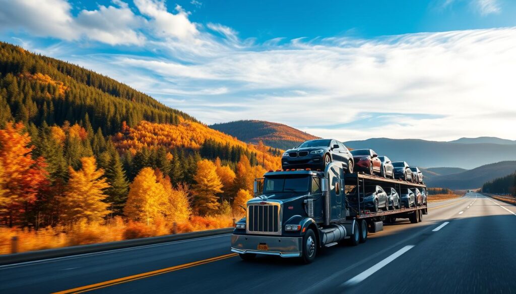 A wide-angle view of a transport truck on a scenic Canadian highway, showcasing the stunning fall foliage of dense forests and rolling hills in the background. In the foreground, a well-maintained transport vehicle carrying multiple cars, ranging from sedans to SUVs, exhibits professionalism and reliability. The middle ground features a clear blue sky with soft, diffused sunlight illuminating the scene, highlighting the vibrant colors of the trees and the shining vehicles. Add a subtle depth of field effect to draw focus on the transport truck. The overall atmosphere should convey trust and efficiency in vehicle transport services, suitable for personal and business needs across Canada.