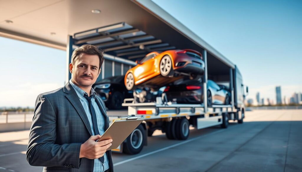 An auto transport scene featuring a pristine vehicle carrier truck loaded with high-end cars, parked in a well-lit, modern loading facility. In the foreground, a professional-looking individual in business attire inspects the transport truck with a clipboard, exuding confidence and attention to detail. The middle ground showcases the truck with its ramp deployed, revealing shiny vehicles that are securely strapped in place. In the background, a clear blue sky and the outlines of a city skyline add context. The lighting is bright and cheerful, with soft shadows enhancing the vibrant colors. The atmosphere conveys professionalism and reliability, embodying the essence of secure vehicle shipping.