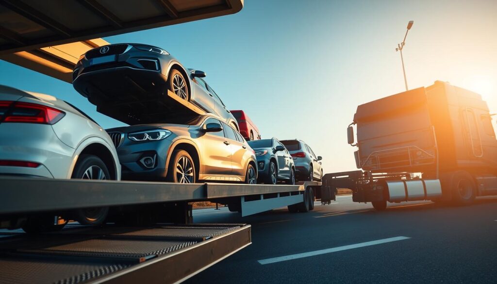 An auto transport scene featuring a transport truck loaded with various vehicles, showcasing different models like sedans, SUVs, and trucks. In the foreground, the truck is parked securely, with ramp equipment visibly displaying the lifting mechanism for easy loading. The middle section shows the vehicles carefully secured with straps, reflecting a sense of safety and professionalism. The background reveals a clear blue sky and a well-maintained road, emphasizing the scale of transportation. Warm sunlight bathes the scene, creating a bright and inviting atmosphere. The perspective is slightly angled, capturing the size of the truck and vehicles, while maintaining a focus on the professionalism of car freight transport, evoking trust and reliability in vehicle transport services.