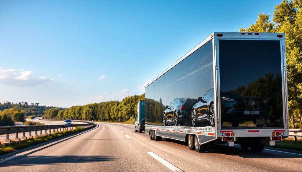 An enclosed auto transport truck in the foreground, featuring a modern, sleek design, showcasing high-value luxury vehicles carefully secured inside. The truck's exterior is shiny, reflecting sunlight with a vibrant blue sky above. In the middle ground, additional vehicles are visible, highlighting the truck's spacious design. The background includes a scenic highway lined with green trees, suggesting a safe journey. Soft natural lighting illuminates the scene, enhancing the professionalism and trustworthiness of the auto transport service. The atmosphere is calm and reassuring, evoking a sense of safety and reliability essential for transporting high-value cars. No text or additional markings are present in the image.