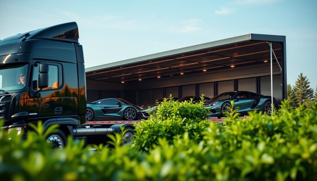 An enclosed vehicle transport service setting with a sleek black transport truck in the foreground, showcasing multiple luxury cars neatly loaded inside a high-quality, fully enclosed trailer. The trailer features large windows allowing a glimpse of the polished vehicles, illuminated by soft, warm lighting highlighting their sleek designs. In the middle ground, lush greenery surrounds the transport area, creating a serene atmosphere. The background reveals a clear blue sky, enhancing the elegance of the scene. The setting is bathed in natural daylight, adding a sense of reliability and professionalism. The overall mood is reassuring and protective, emphasizing the safety and care provided in enclosed vehicle transport services.