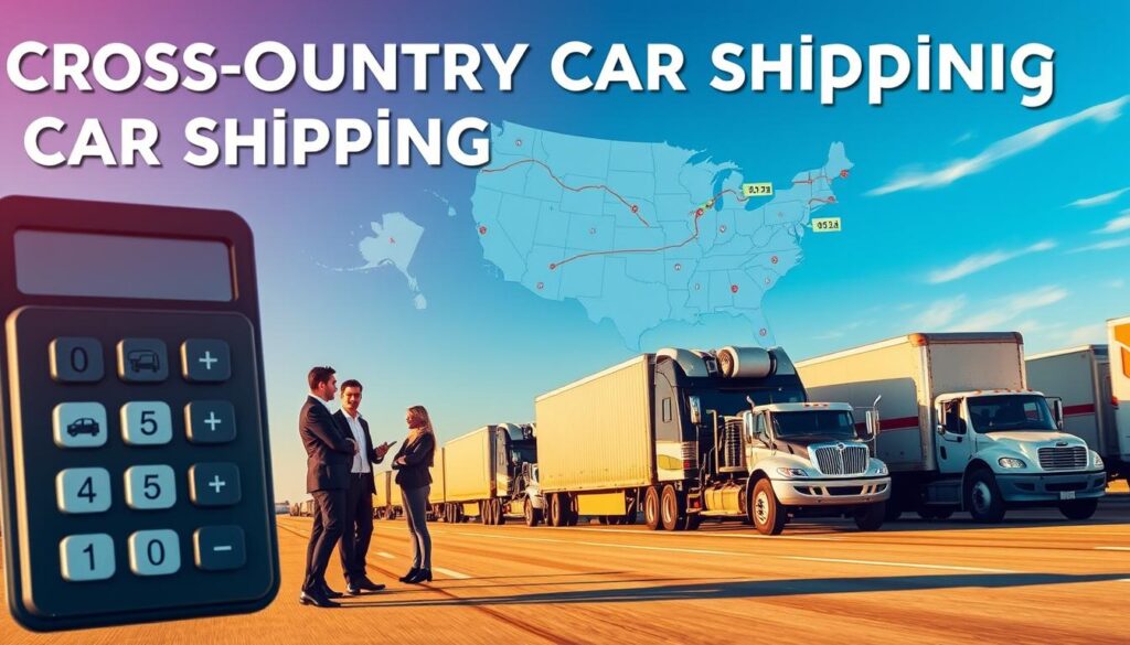 An infographic-style image illustrating cross-country car shipping costs in the United States. In the foreground, a visual representation of a calculator with numbers and vehicle icons, symbolizing cost calculations. The middle section features a diverse group of three professionals dressed in business attire, discussing shipping quotes next to a map of the United States, with state borders clearly visible and highlighted routes showing popular car shipping paths. In the background, a row of semi-trucks loaded with cars under a clear blue sky, depicting transportation in motion. Warm lighting enhances the scene, creating an optimistic atmosphere. The angle captures the professionals engaged in discussion, with a slight tilt to emphasize the map and vehicles, conveying a sense of professionalism and efficiency in vehicle shipping. An infographic-style image illustrating cross-country car shipping costs in the United States. In the foreground, a visual representation of a calculator with numbers and vehicle icons, symbolizing cost calculations. The middle section features a diverse group of three professionals dressed in business attire, discussing shipping quotes next to a map of the United States, with state borders clearly visible and highlighted routes showing popular car shipping paths. In the background, a row of semi-trucks loaded with cars under a clear blue sky, depicting transportation in motion. Warm lighting enhances the scene, creating an optimistic atmosphere. The angle captures the professionals engaged in discussion, with a slight tilt to emphasize the map and vehicles, conveying a sense of professionalism and efficiency in vehicle shipping.