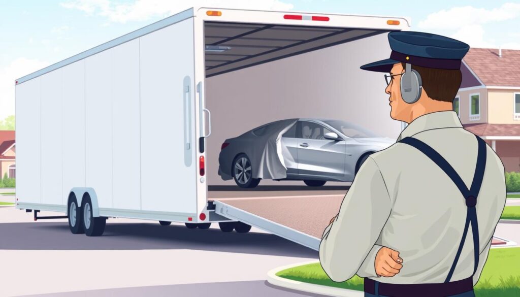 An informative illustration showing the process of enclosed auto transport, featuring a modern enclosed trailer at a pickup location. In the foreground, a professional driver in a neat uniform inspects a luxury car being loaded onto the trailer, emphasizing safety and attention to detail. The middle ground includes the trailer's ramp showcasing a sleek, covered vehicle secure inside, with soft, natural lighting illuminating the scene, highlighting the vehicle's shine. In the background, a suburban neighborhood can be seen, providing context to the transport setting. The atmosphere should evoke trust and professionalism, demonstrating reliability and care in auto transport services. Use a slightly angled perspective to capture the entire scene, ensuring clarity and focus without distractions.