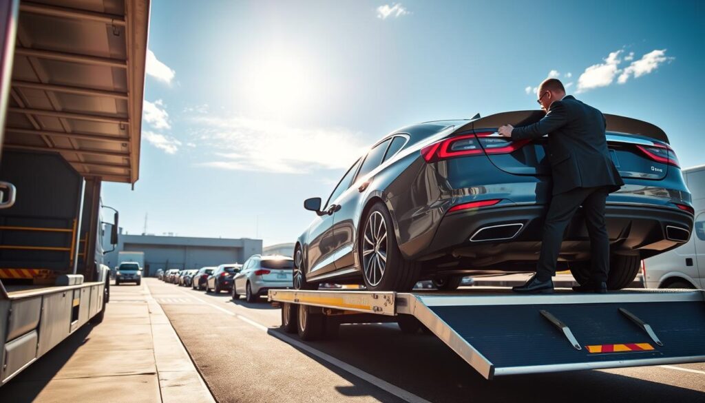 An informative scene showcasing the auto shipping process, depicting a vibrant car transport facility. In the foreground, there’s a sleek car being loaded onto a modern open car carrier truck by a professional in business attire, operating with precision and care. In the middle ground, several other vehicles are lined up, some on carriers and some awaiting loading. The background features a clear blue sky with sunlight illuminating the scene, enhancing the sense of professionalism and efficiency. The atmosphere is busy yet organized, reflecting a smooth operation of car transportation services across Canada. Capture this dynamic moment from a slightly elevated angle, focusing on the logistics involved, with soft shadows and bright lighting that convey a trustworthy and reliable service.