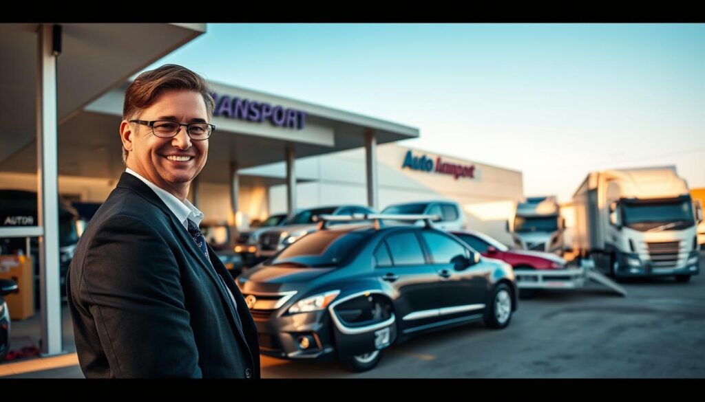 A bright and bustling scene depicting a local transport service station in Garden City, Michigan. In the foreground, a friendly transport company representative in professional attire assists a customer, highlighting excellent customer service. In the middle ground, multiple vehicles like open car carriers and enclosed transport trucks are parked, showcasing a variety of vehicles ready for transport. The background features a clear blue sky above a modern transport facility with signage but no text. The lighting is warm, giving a welcoming atmosphere, and the scene is slightly angled to capture both the vehicles and the surrounding setting. Overall, the mood is professional and inviting, emphasizing reliability and local expertise in auto transport.