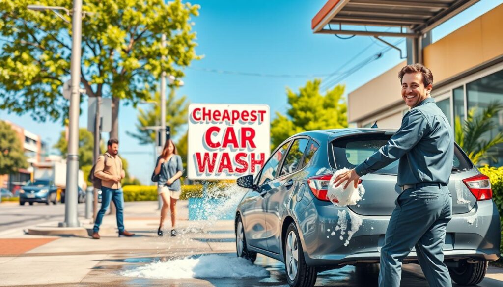 A bright and inviting urban setting depicting a busy street corner with a small, budget-friendly car wash. In the foreground, a friendly employee in a professional uniform is energetically washing a compact car, showcasing foam and bubbles. In the middle, colorful signage advertising “Cheapest Car Wash” is visible, with a few customers waiting patiently in line, all dressed in casual yet neat clothing. The background features a clear blue sky and vibrant greenery, emphasizing a warm, sunny day. Soft lighting bathes the scene, highlighting the sparkling water and the bright colors of the signs. The overall mood is cheerful and approachable, inviting viewers to think about affordable auto detailing services.
