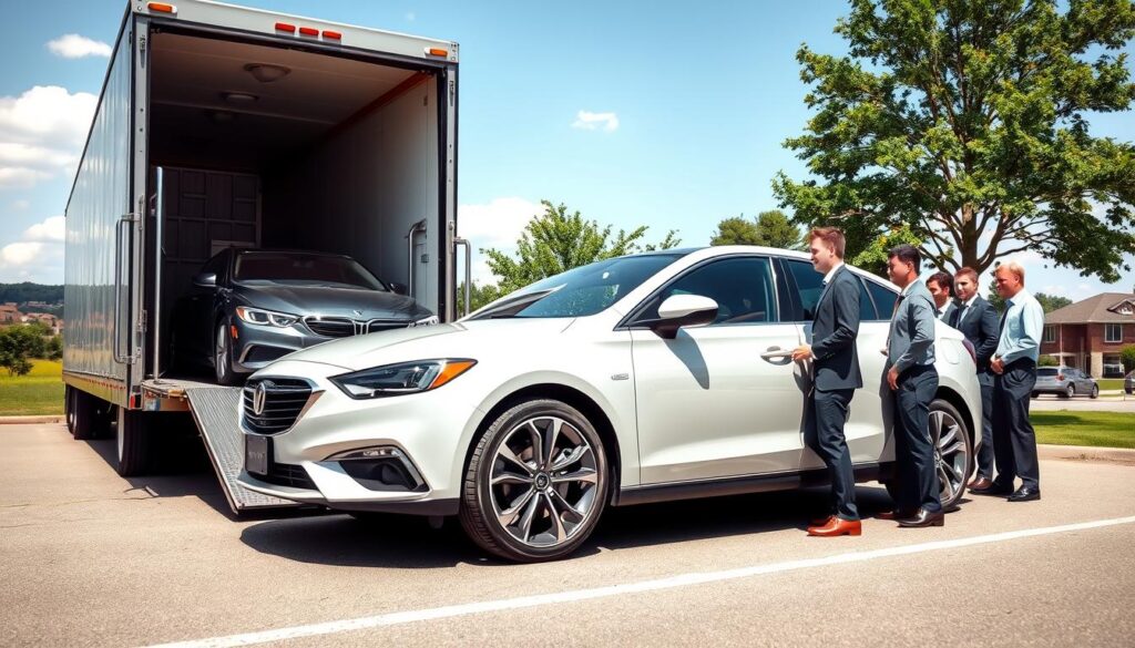 A bright, clear day in Hudsonville, Michigan, featuring a professional auto transport scene. In the foreground, a sleek, well-maintained car being loaded onto a modern car carrier truck, showcasing the precision of the logistics involved in car shipping. The middle ground includes a diverse team of professionals dressed in smart business attire, coordinating the loading process with a sense of expertise and teamwork. In the background, picturesque scenes of Hudsonville's landscape, with lush green trees and a hint of suburban architecture. Soft natural lighting enhances the professionalism and reliability of the service, creating a trustworthy and efficient atmosphere, shot from a slightly elevated angle to capture the entire scene. The image projects a sense of quality and dependability in auto transport services.