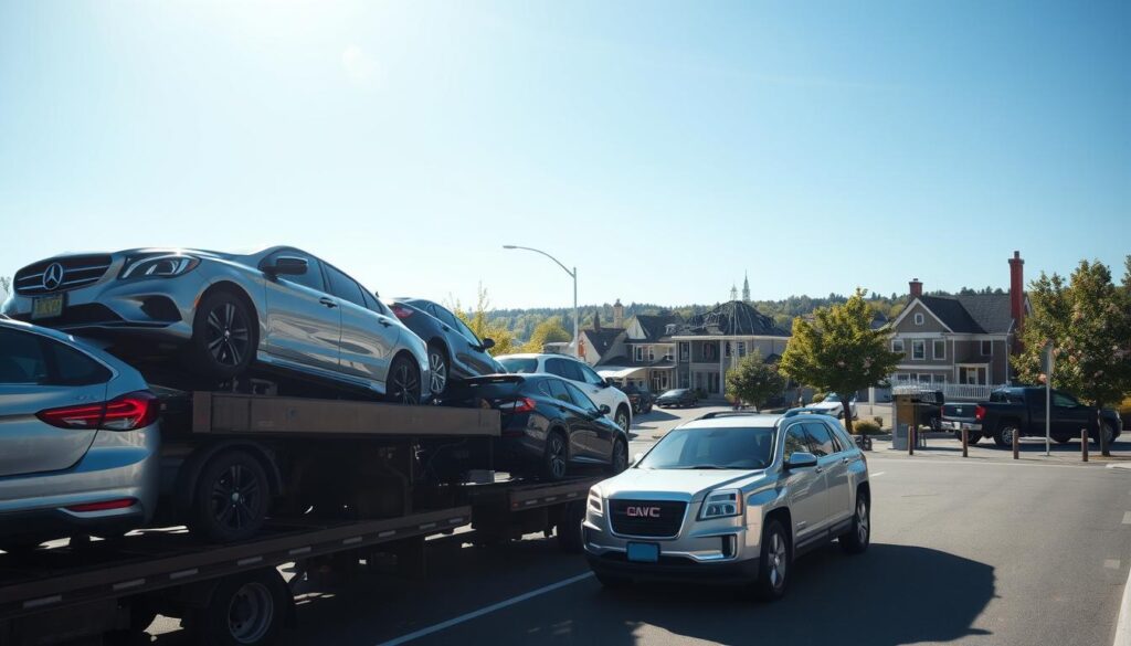 A bustling auto transport scene in Coopersville, Michigan, featuring a transport truck loaded with various modern vehicles, including sedans and SUVs, visible in the foreground. The middle layer showcases a scenic backdrop of Coopersville’s quaint town, with charming local buildings and trees lining the streets under a clear blue sky. Soft sunlight casts gentle shadows, creating a warm and inviting atmosphere. The angle is slightly elevated, providing a comprehensive view of the truck's cargo as it prepares for delivery. The overall mood conveys professionalism and reliability, emphasizing the efficiency of the car shipping industry. Make sure no people are depicted, maintaining a focus on the vehicles and transport equipment.
