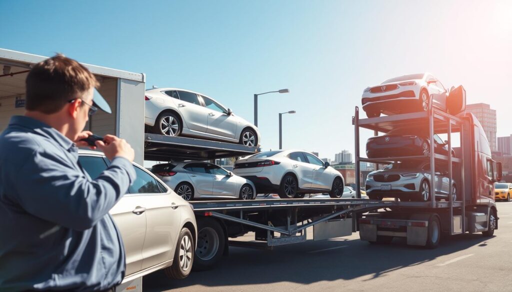 A bustling auto transport scene in Dearborn Heights, Michigan, showcasing a transport truck efficiently loading vehicles onto its multi-level trailer. In the foreground, a driver in professional attire carefully inspects a sedan before securing it on the truck. The middle ground features a diverse range of cars, including sedans, SUVs, and electric vehicles, neatly aligned on the trailer. In the background, a cityscape of Dearborn Heights can be seen, with recognizable landmarks under a clear blue sky. Bright natural lighting accentuates the colors of the vehicles, creating a vibrant atmosphere. Capture this image from a slightly elevated angle to emphasize the scale of the transportation process, evoking a sense of professionalism and reliability in car shipping.