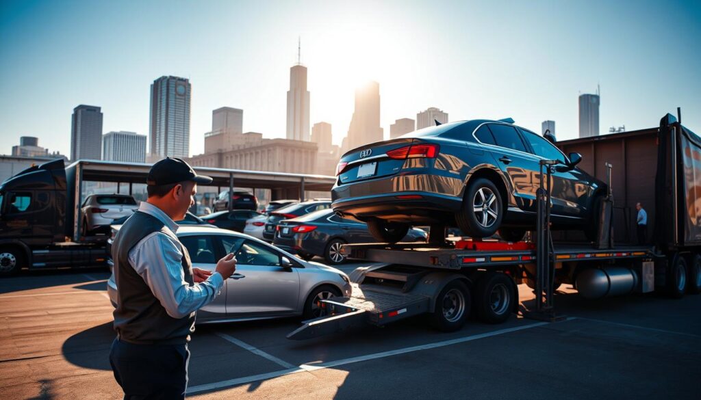 A bustling auto transport scene in Detroit, Michigan, showcasing a car shipping terminal. In the foreground, a professional driver in business attire inspects a shiny, new sedan loaded onto a large car carrier truck. The middle ground features several vehicles being organized for shipment, with workers coordinating logistics and checking documentation. In the background, the iconic Detroit skyline is visible under a clear blue sky, with soft sunlight reflecting off the buildings, creating an energetic and industrious atmosphere. The image is captured from a dynamic angle, emphasizing the action and organization of car transport, with vibrant colors highlighting the vehicles against the urban landscape.