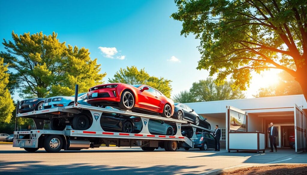 A bustling auto transport scene in Grandville, Michigan, featuring a professional car shipping company. In the foreground, a pristine car carrier truck loaded with several brightly colored vehicles, showcasing different makes and models, polished and ready for shipment. The middle ground includes a modern auto shipping facility with staff in professional business attire, inspecting vehicles and preparing documentation. In the background, lush green trees and a clear blue sky highlight the suburban charm of Grandville, while soft sunlight bathes the scene in a warm glow, creating a friendly and efficient atmosphere. Use a wide-angle lens to capture the entire scene, ensuring focus on both the truck and the shipping facility, evoking a sense of reliability and professionalism in auto transport.