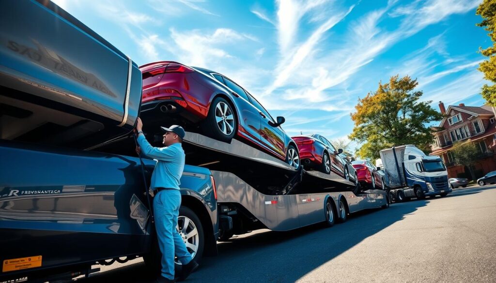 A bustling auto transport scene in Pontiac, Michigan, showcasing a row of multiple sleek, new cars being loaded onto an oversized car carrier truck. In the foreground, a professional driver in a light blue uniform meticulously secures a vibrant red sedan with straps. The middle ground features the carrier truck, gleaming under the bright sunlight, reflecting the warm hues of a sunny day. In the background, typical Pontiac architecture can be glimpsed with trees lining the street, punctuated by the blue sky streaked with wispy clouds. The atmosphere is lively yet organized, capturing the efficient nature of auto transport. The image is taken from a low angle, emphasizing the height of the truck and creating depth, with soft shadows enhancing the details.