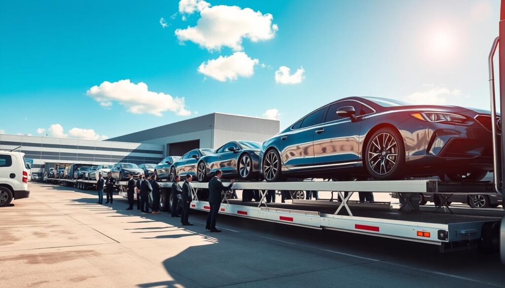 A bustling auto transport scene in Romulus, Michigan, showcasing a professional car shipping service. In the foreground, a well-organized car transport truck is unloading several luxury vehicles, gleaming in the natural afternoon sunlight. In the middle ground, a diverse team of professional workers in business attire is carefully inspecting the cars, ensuring they are in pristine condition. The background features the backdrop of a modern auto transport facility with clear blue skies and a few fluffy clouds, symbolizing efficiency and reliability. The lighting is bright and inviting, suggesting a productive day. Capture the feeling of trust, professionalism, and quality service, while maintaining a clean and polished look that highlights the significance of auto transport services in the area.
