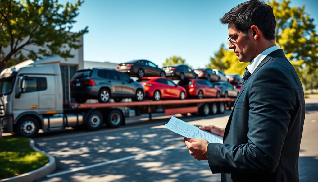 A bustling auto transport scene in Zeeland, Michigan, showcasing a large flatbed truck loaded with various cars, including sedans and SUVs, parked outside a modern logistics facility. In the foreground, a professional wearing business attire looks over transport documents, emphasizing the operational aspect of car shipping. The middle ground highlights the flatbed truck featuring a diverse range of colorful vehicles, while in the background, the logistics center is framed by clear blue skies and lush green trees indicative of the Michigan landscape. The lighting is bright and natural, casting soft shadows that enhance the scene's realism. The overall mood conveys efficiency and professionalism in the auto transport industry, illustrating a seamless car shipping process.