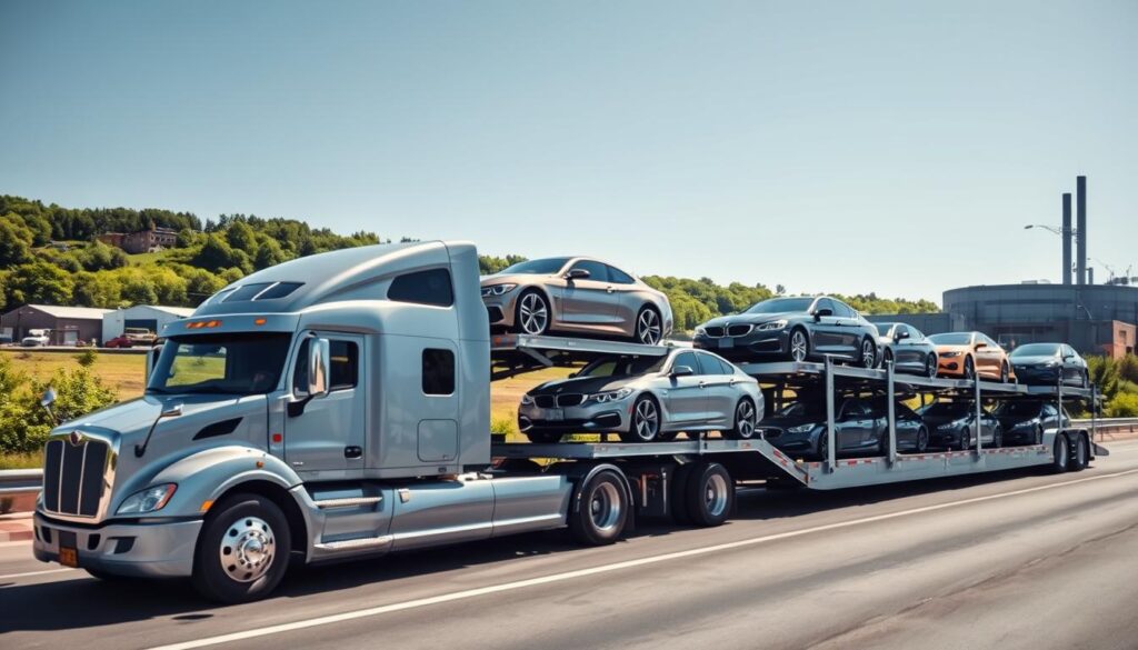 A bustling auto transport scene set in Grand Ledge, Michigan, showcasing a sleek car carrier truck loaded with shiny vehicles. In the foreground, the truck stands prominently, displaying its modern design and the reflective surfaces of the cars it carries. The middle ground features a well-defined Michigan landscape, with lush greenery and industrial buildings subtly hinting at the local economy. In the background, a clear blue sky provides bright, natural lighting that accentuates the chrome finishes of the vehicles on the truck. Capture the essence of professionalism and reliability in car shipping, with a vibrant, energetic atmosphere that conveys the importance of auto transport services.