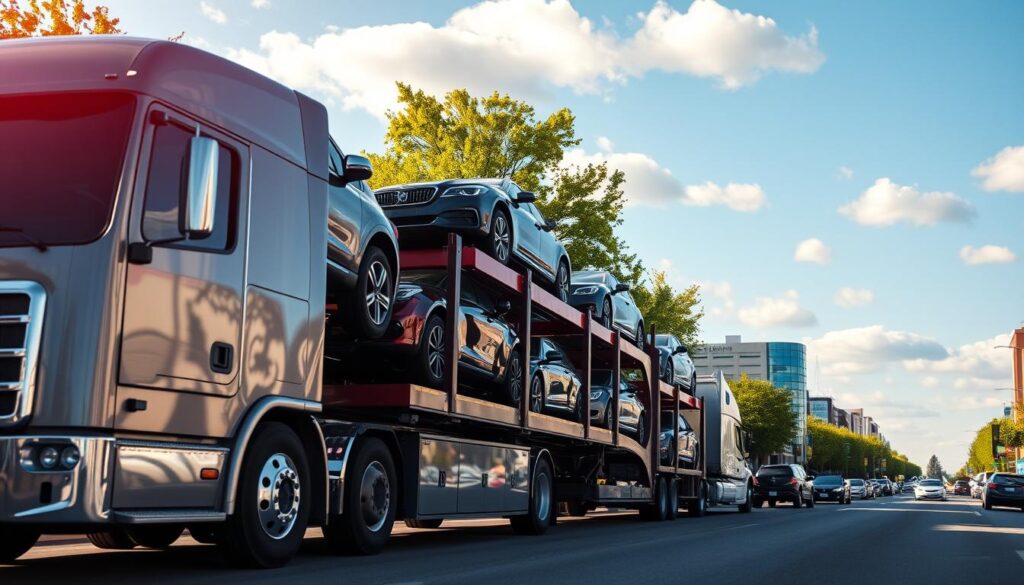 A bustling auto transport scene set in Livonia Township, Michigan, showcasing a sleek car carrier truck loaded with various vehicles, including sedans and SUVs, on a busy urban street. In the foreground, capture the truck's shiny exterior gleaming in the sunlight, with an array of cars safely strapped down. The middle ground features a smooth road lined with green trees and commercial buildings, hinting at the township’s vibrant atmosphere. In the background, a clear blue sky dotted with soft clouds creates depth. Use warm, natural lighting to evoke a lively yet professional ambiance, focusing on a slightly low angle to emphasize the scale of the truck against the landscape. The photo should reflect an organized and efficient auto transport operation, free from any text overlays or distractions.
