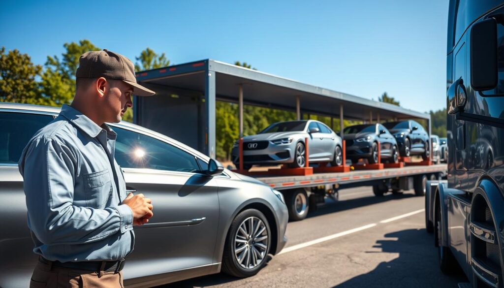 A bustling auto transport service scene in Ionia, Michigan. In the foreground, a professional driver in a crisp uniform inspects a sleek, shiny car being loaded onto a modern transporter truck. The middle ground features the robust auto transport truck with multiple cars securely strapped down, showcasing efficiency and care. In the background, a clear blue sky sets a bright and optimistic tone, highlighting the surrounding landscape of Ionia with green trees and a sunny atmosphere. Use natural lighting to create a vibrant feel, capturing the details of the vehicles' reflections. The composition should portray professionalism, reliability, and a sense of teamwork, emphasizing the dedication to safe car transport services.